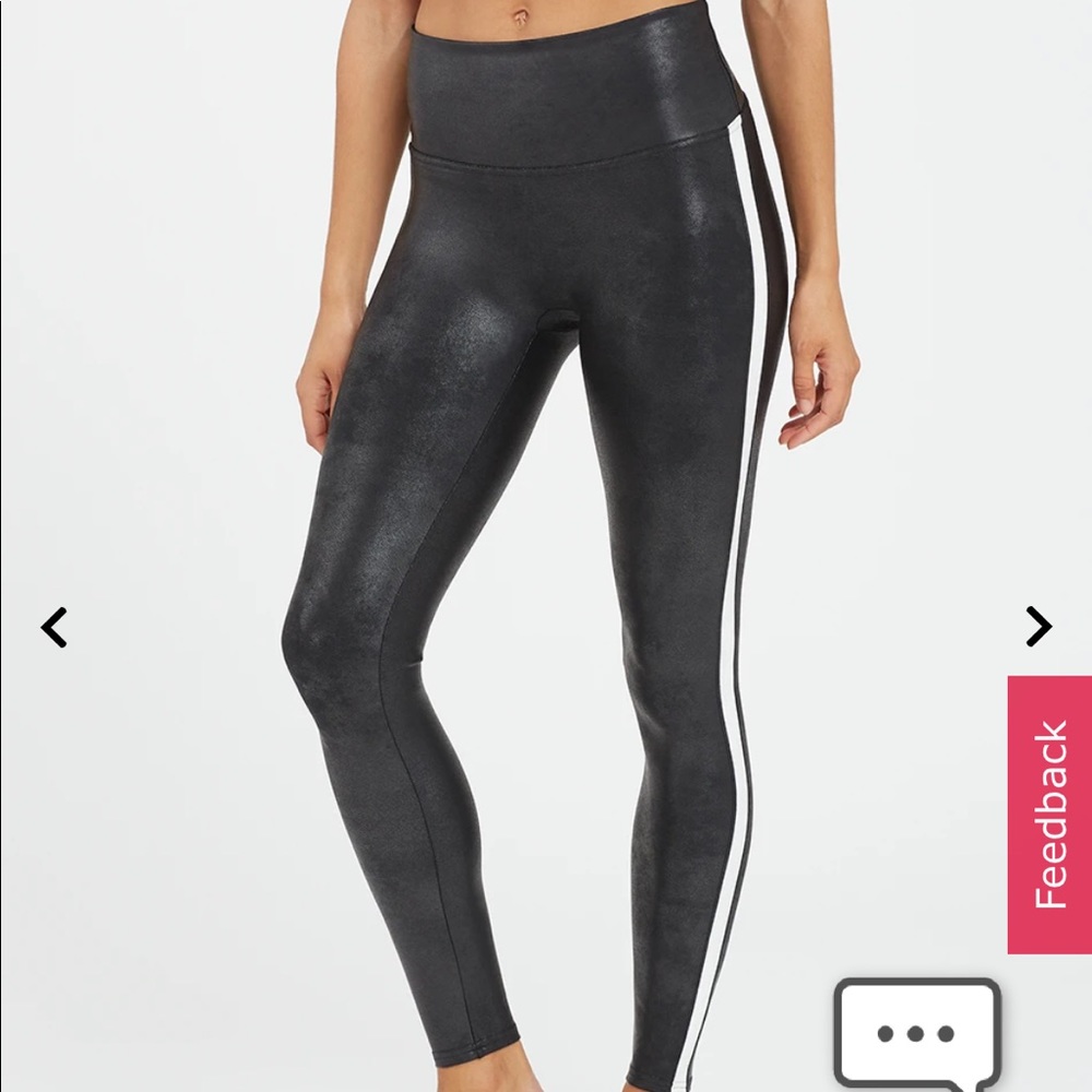 New Spanx faux leather leggings with white stripe.